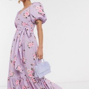 Puff Sleeve Wrap Midi Dress